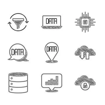Set Data analysis, Pie chart infographic, Cloud computing lock, download and Stockillustratie