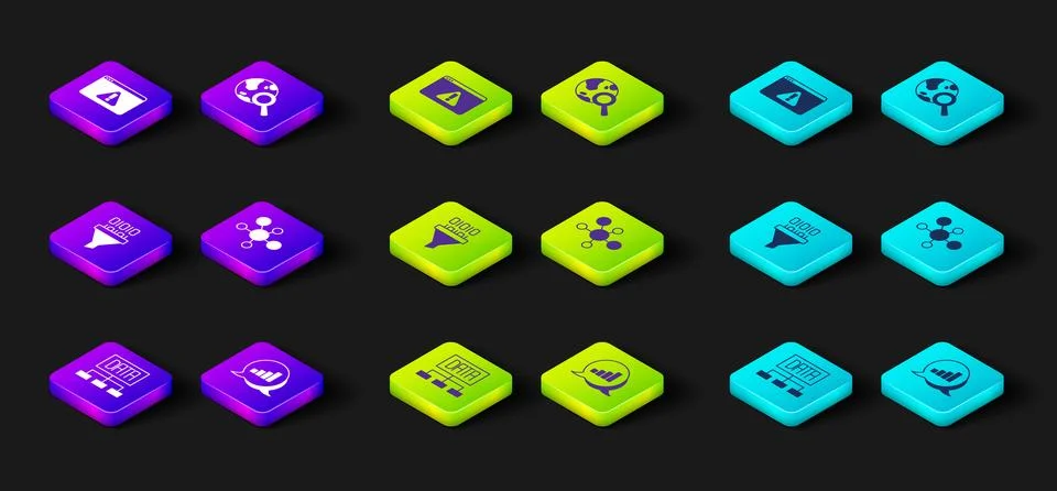 Set Data analysis, Pie chart infographic, Binary code, Mind map, Search globe Stock Illustration