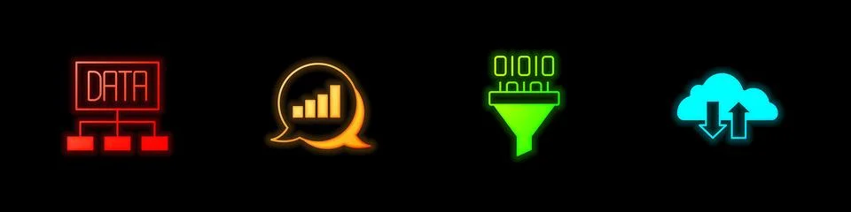 Set Data analysis, Pie chart infographic, Binary code and Cloud download and Illustrazione stock