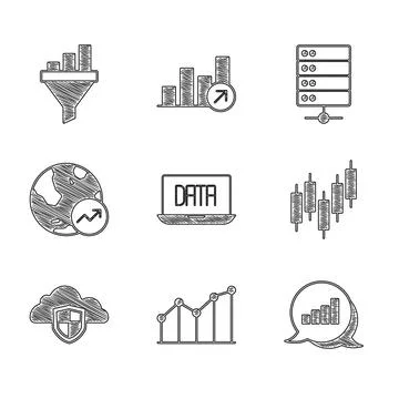 Set Data analysis, Pie chart infographic, Browser with stocks market, Cloud.. Stock Illustration