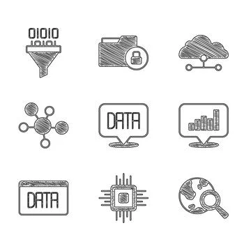 Set Data analysis, Processor CPU, Search globe, Pie chart infographic, Mind map Illustrazione stock