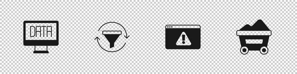 Set Data analysis, Sales funnel with chart, Browser exclamation mark and Coal Stock Illustration