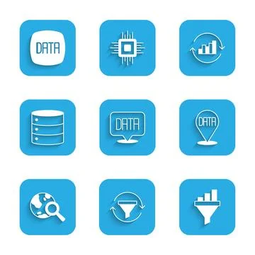 Set Data analysis, Sales funnel with chart, Search globe, Server, Pie 스톡 일러스트