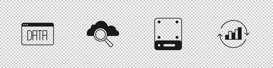 Set Data analysis, Search cloud computing, Server and Pie chart infographic icon Stock Illustration