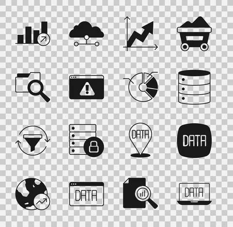 Set Data analysis, Server, Financial growth, Browser with exclamation mark Illustrazione stock