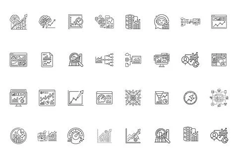 Set of data analytics and business intelligence line icons Stock Illustration