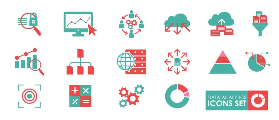 Set of Data analytics icons. Data analytics icon set. Solid icons vector co.. Illustrazione stock
