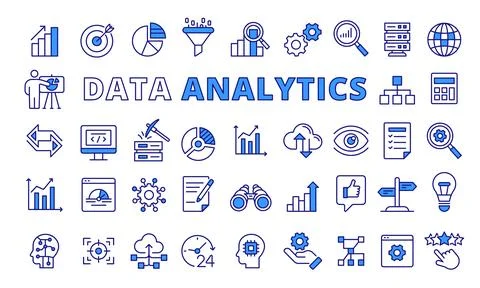 Set of Data analytics icons in line design blue.Data visualization, Charts Stock Illustration