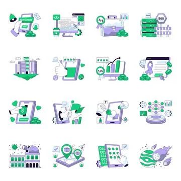 Set of Data and Development Flat Line Illustrations Stock Illustration