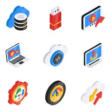 Set of Data and Management Flat Isometric Icons Stock Illustration