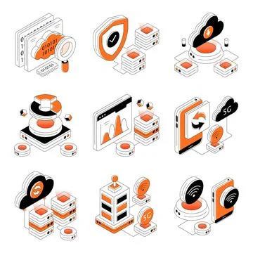 Set of Data and Network Isometric Illustrations Stock Illustration