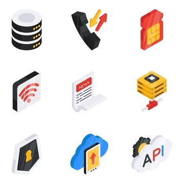 Set of Data and Networking Flat Isometric Icons Stock Illustration
