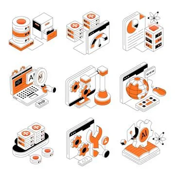 Set of Data and Technology Isometric Illustrations Stock Illustration