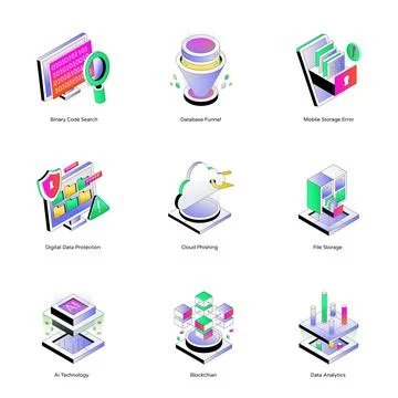 Set of Data and Technology Isometric Icons Stock Illustration