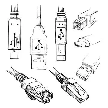 Set of data connector plug: different USB types, and RJ45 8P8C . Stock Illustration