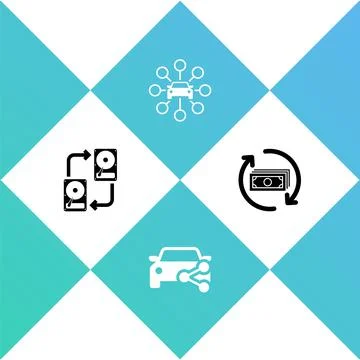 Set Data exchange with hhd, Car sharing, and Refund money icon. Vector Stock Illustration