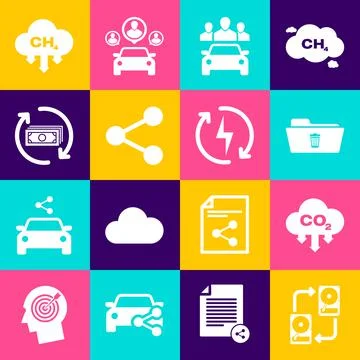 Set Data exchange with hhd, CO2 emissions in cloud, Delete folder, Car sharing Stock Illustration