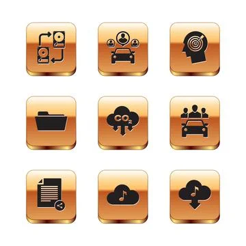 Set Data exchange with hhd, Share file, Music streaming service, CO2 emissions Stock Illustration