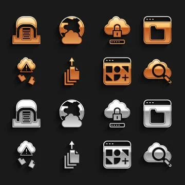 Set Data export, Browser files, Search cloud computing, Different, Cloud hacking Stock Illustration