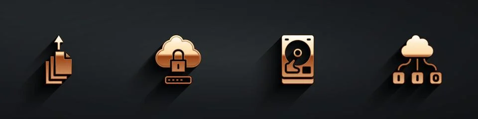 Set Data export, Cloud computing lock, Hard disk drive HDD and technology data Stock Illustration