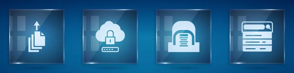 Set Data export, Cloud computing lock, Hangar with servers and Search engine. Stock Illustration