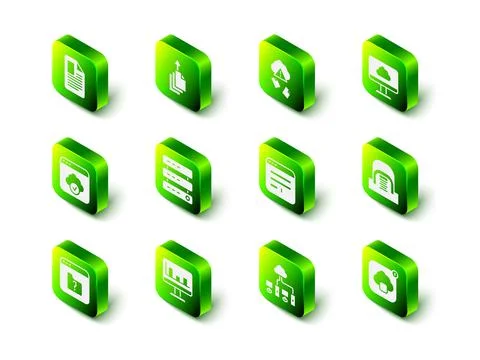 Set Data export, Cloud hacking, technology data transfer, Hangar with servers Stock Illustration