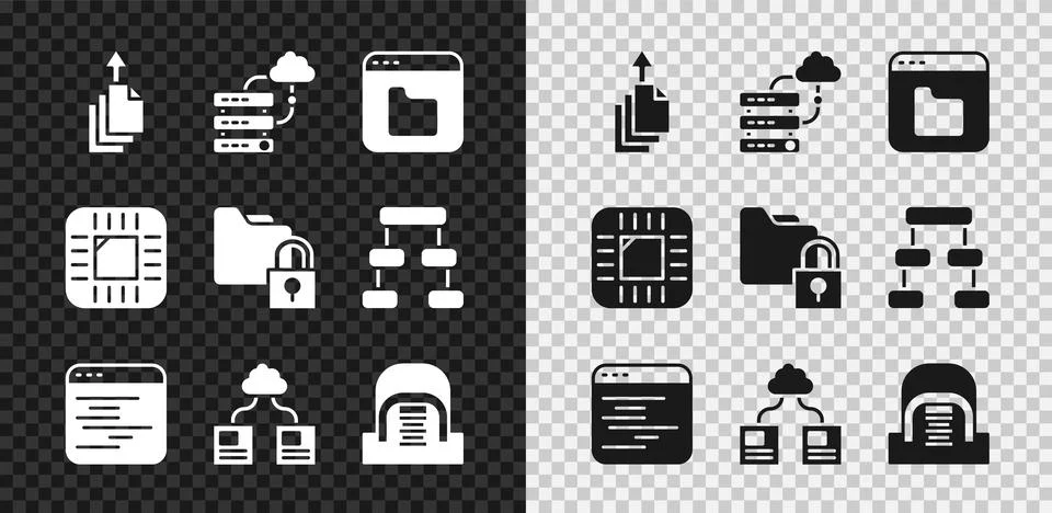Set Data export, Network cloud connection, Browser files, Software, Cloud Stock Illustration