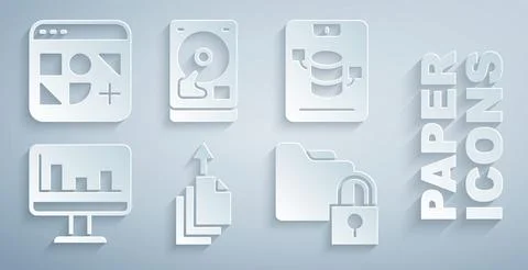 Set Data export, Server, Data, Web Hosting, Monitor with graph chart, Folder and Stock Illustration