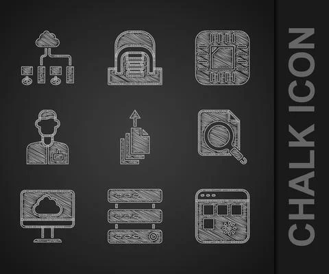 Set Data export, Server, Data, Web Hosting, Loading data window, Search concept Illustrazione stock