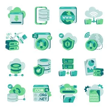 Set of Data Hosting Flat Icons Illustration