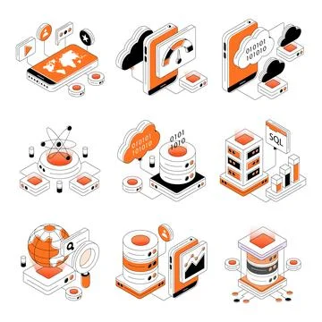 Set of Data Hosting Isometric Illustrations Stock Illustration