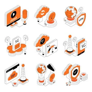 Set of Data Hosting Isometric Illustrations 스톡 일러스트