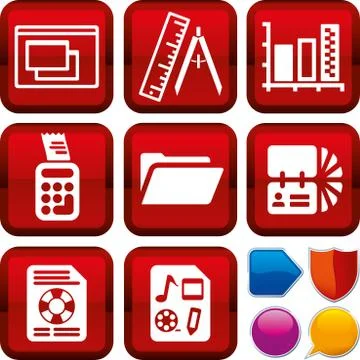 Set of data icons on square buttons. Geometric style. Stock Illustration