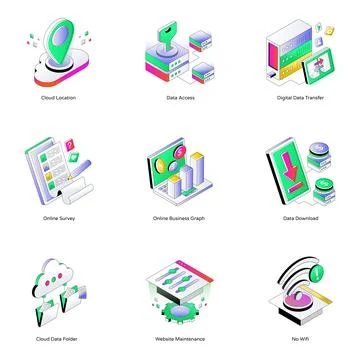 Set of Data Isometric Icons Stock Illustration