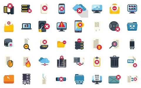 Set of data loss and computer virus flat icons featuring devices being hacked Illustrazione stock