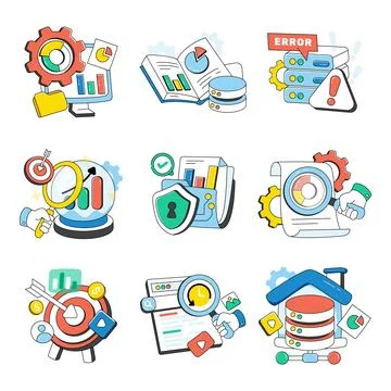 Set of Data Management Doodle Icons Illustrazione stock