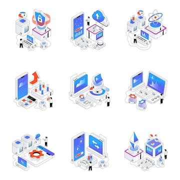Set of Data Mining Isometric Illustrations Stock Illustration