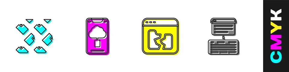 Set Data stream, Cloud technology data transfer, Broken file and Server, Data Stockillustratie