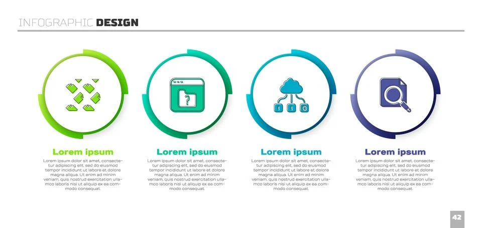 Set Data stream, File missing, Cloud technology data transfer and Search co.. Illustrazione stock