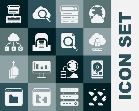Set Data stream, Hard disk drive HDD, Cloud computing lock, Search engine Stock Illustration
