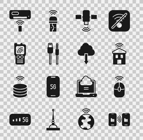 Set Data transfer and storage, Wireless computer mouse, Smart home with wi-fi Illustrazione stock