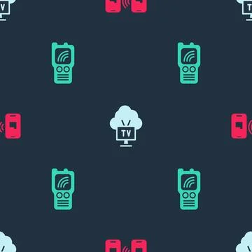 Set Data transfer and storage, Smart Tv and Walkie talkie on seamless pattern Illustrazione stock