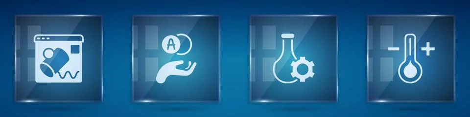 Set Data visualisation, Atom, Test tube and Thermometer. Square glass panels Stock Illustration
