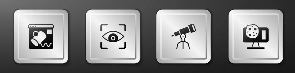 Set Data visualisation, Eye scan, Telescope and Genetic engineering icon. Silver 스톡 일러스트
