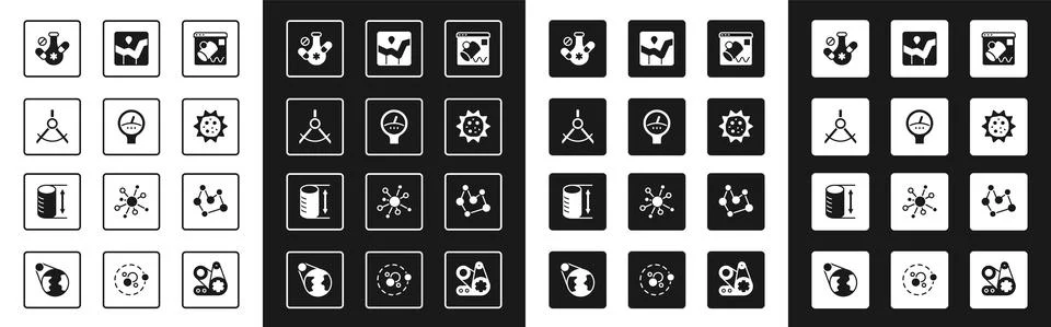 Set Data visualisation, Gauge scale, Drawing compass, Medicine pill, Virus Stock Illustration