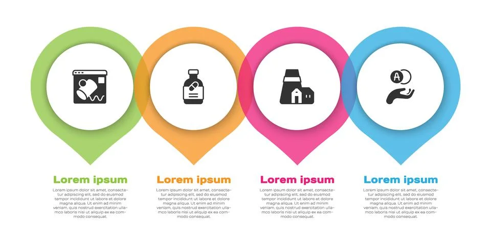 Set Data visualisation, Medicine bottle and pills, Power station plant and Atom イラスト素材