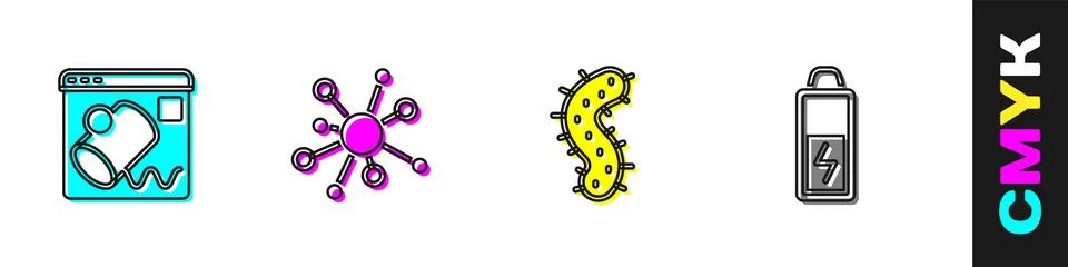 Set Data visualisation, Molecule, Virus and Battery icon. Vector Stock Illustration