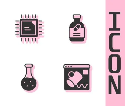 Set Data visualisation, Processor CPU, Test tube and Medicine bottle and pi.. Stock Illustration