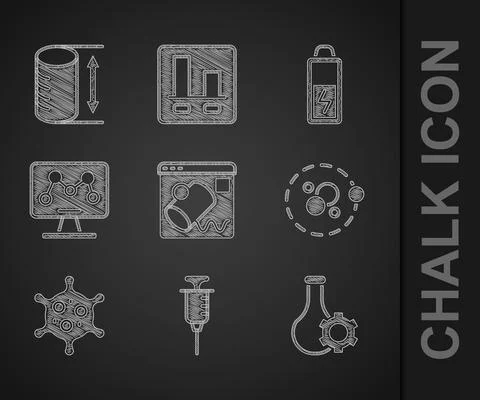 Set Data visualisation, Syringe, Test tube, Atom, Virus, Genetic engineering Stock Illustration