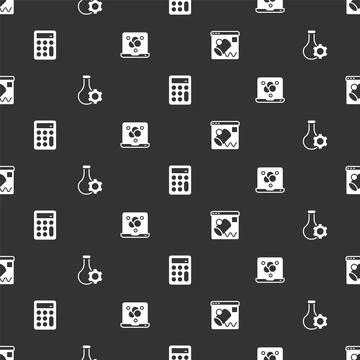 Set Data visualisation, Test tube, Calculator and Chemical formula on seamless Illustrazione stock